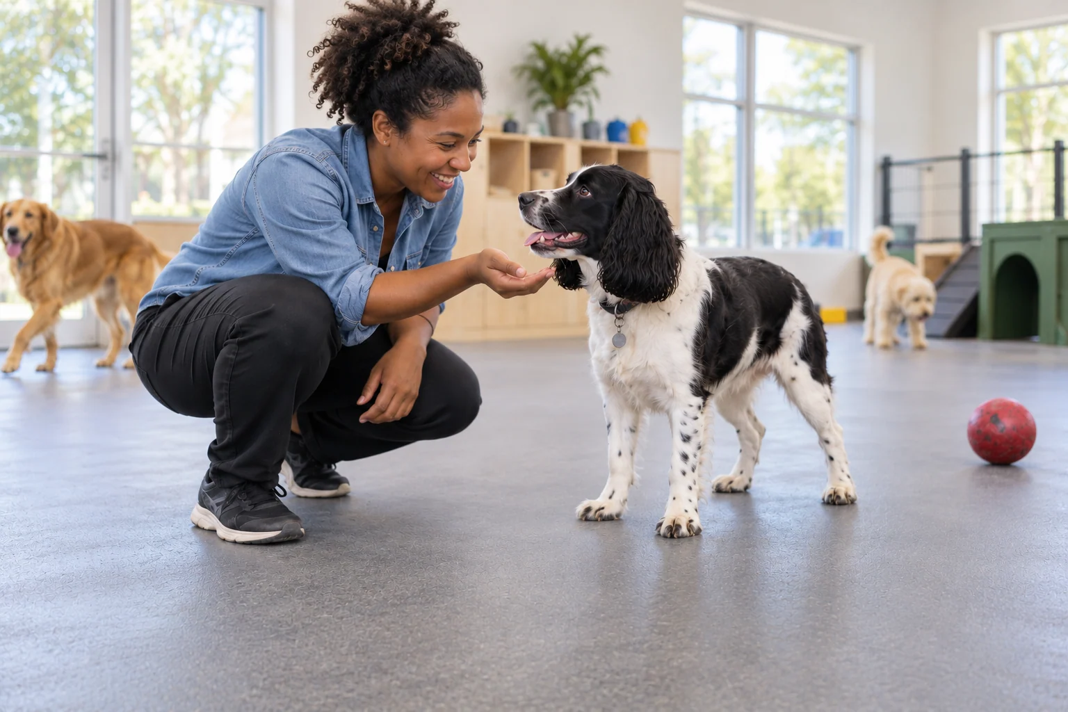 A caregiver greeting a black-and-white spaniel in a bright daycare play area