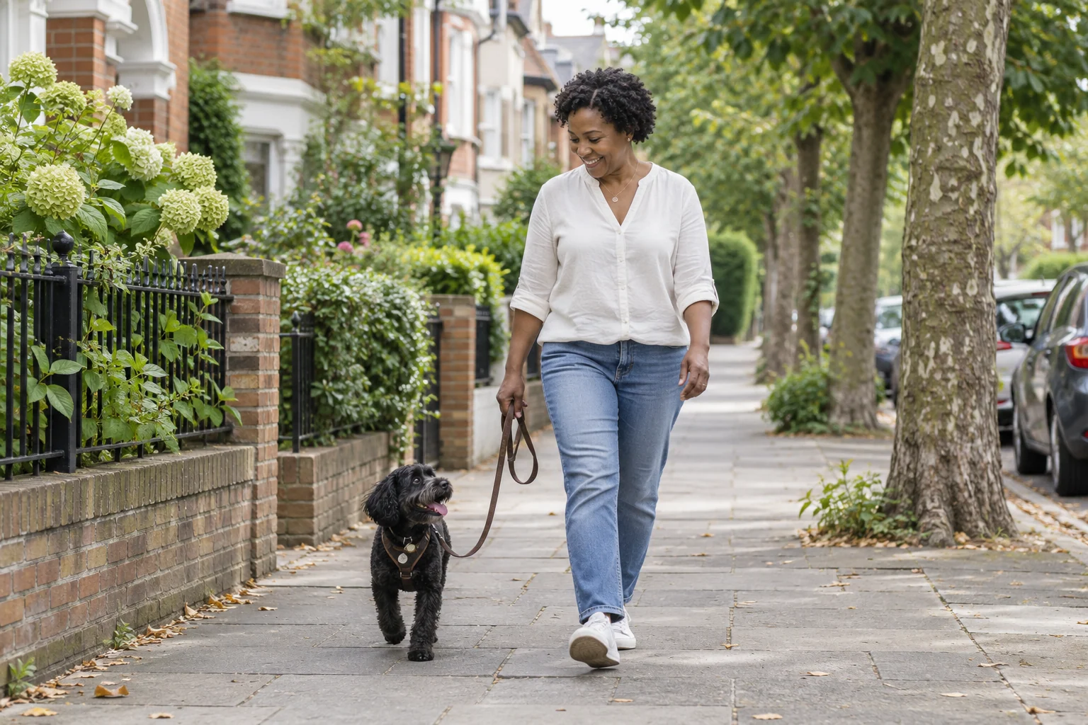 An owner walking a small black dog along a leafy residential street