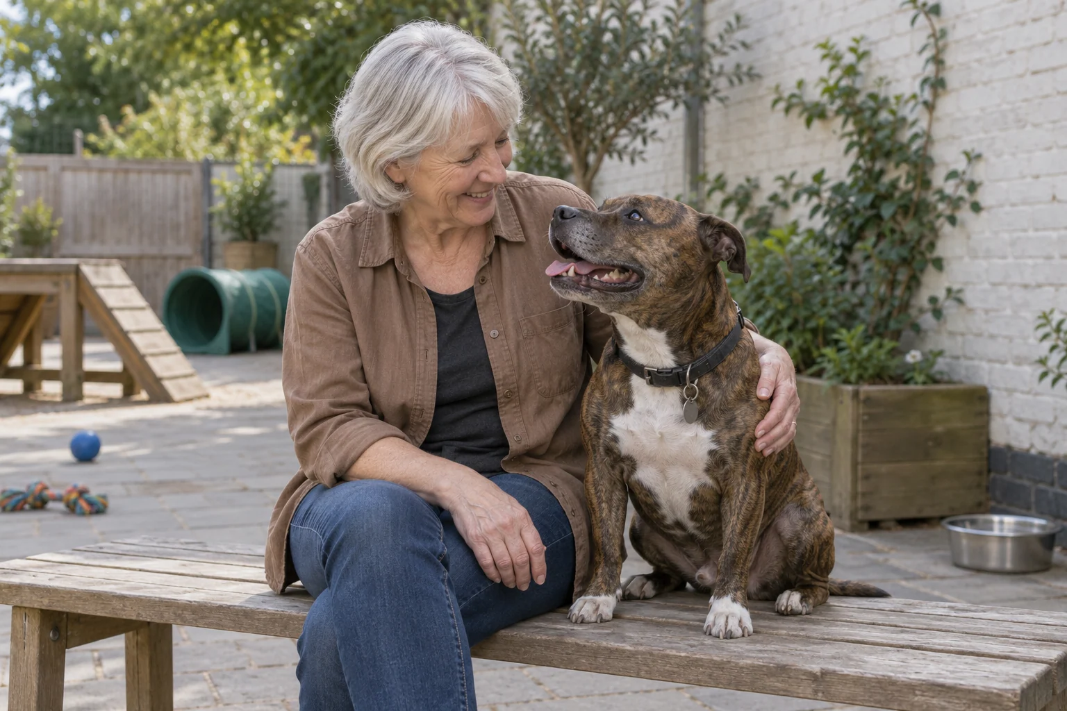 A silver-haired caregiver sitting beside a relaxed brindle dog in a daycare courtyard