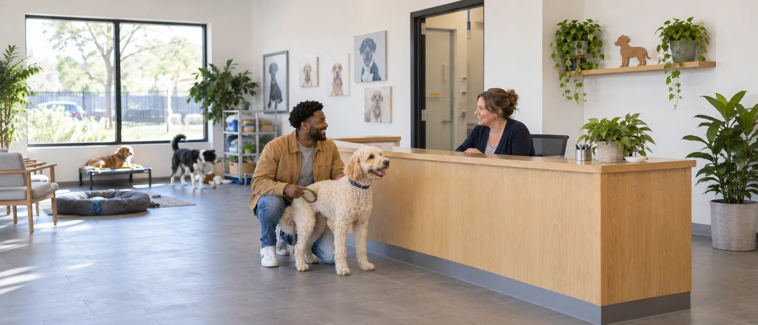An owner and his cream dog being welcomed by a caregiver at daycare reception