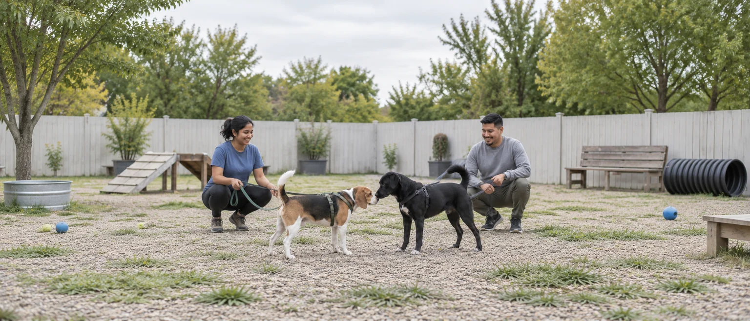 Two dogs meeting calmly in a daycare introduction yard with their handlers nearby