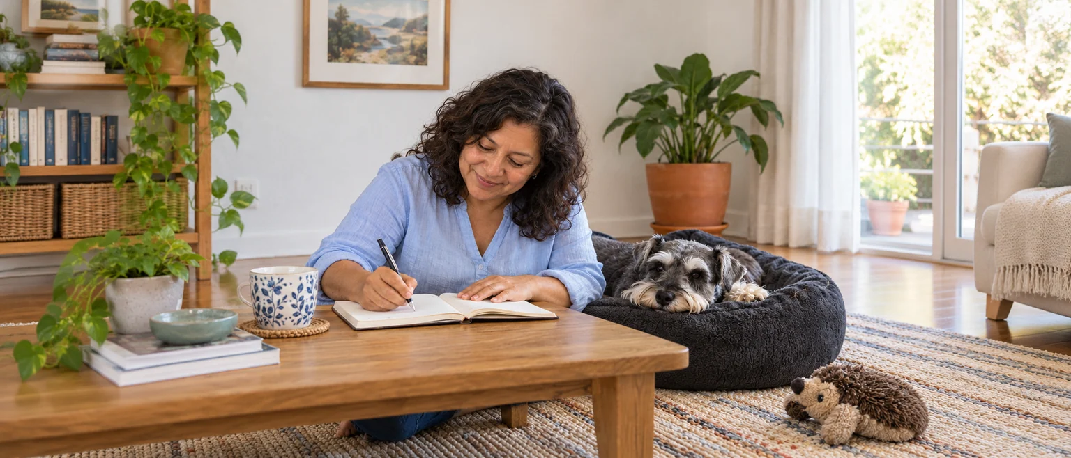 An owner writing a care note beside her resting schnauzer