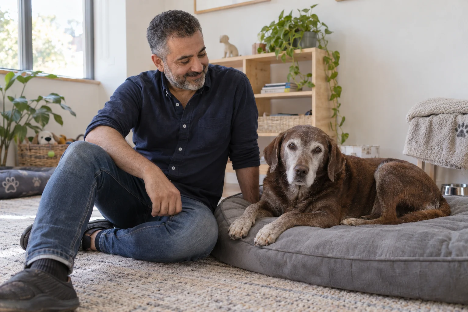 A caregiver sitting beside an older brown dog resting in a quiet daycare corner