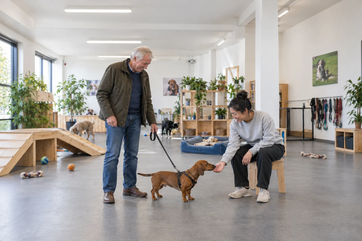An owner and caregiver introducing a dachshund to a bright daycare playroom