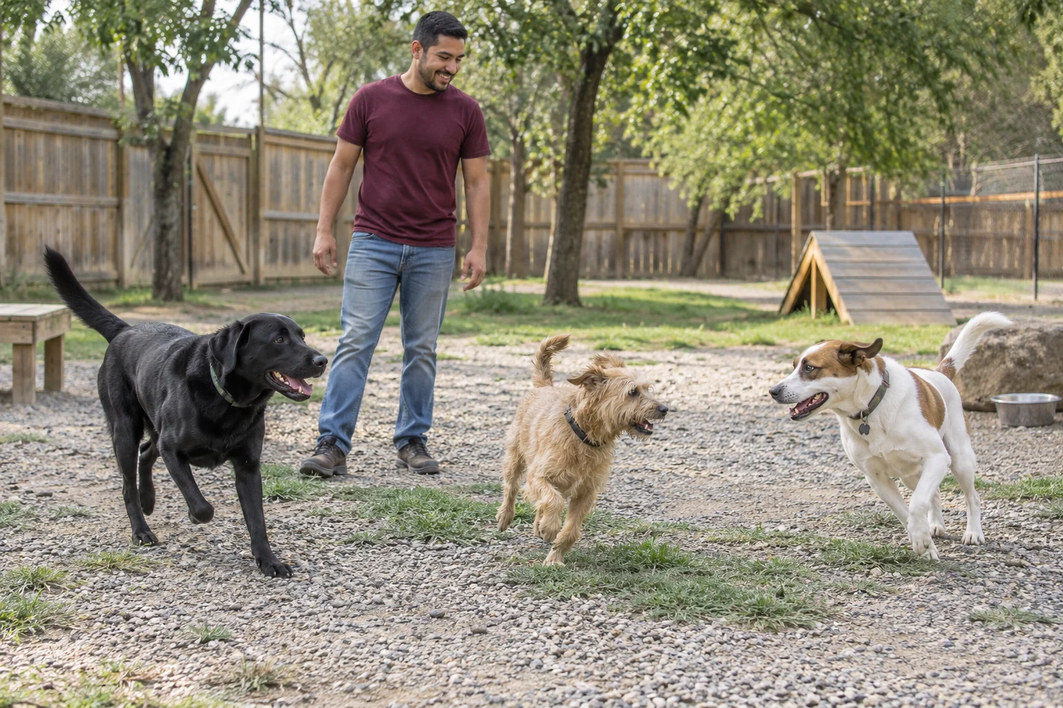 Three dogs playing in a secure daycare yard with a caregiver nearby