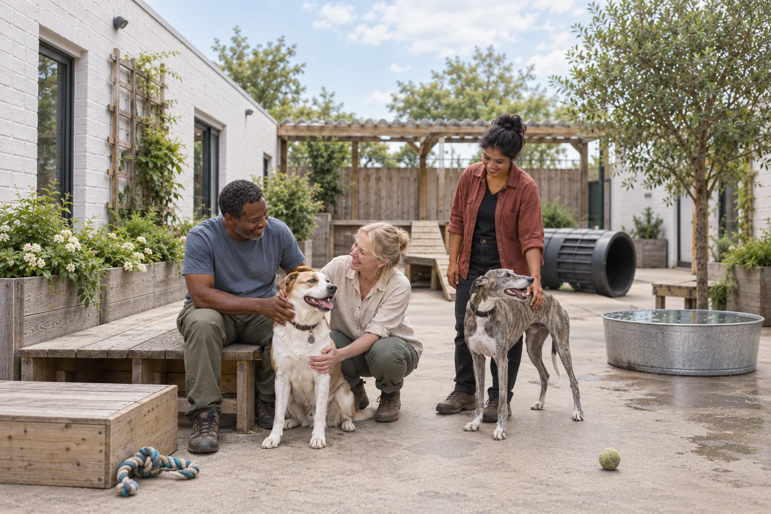 Three daycare caregivers spending time with a mixed-breed dog and a whippet
